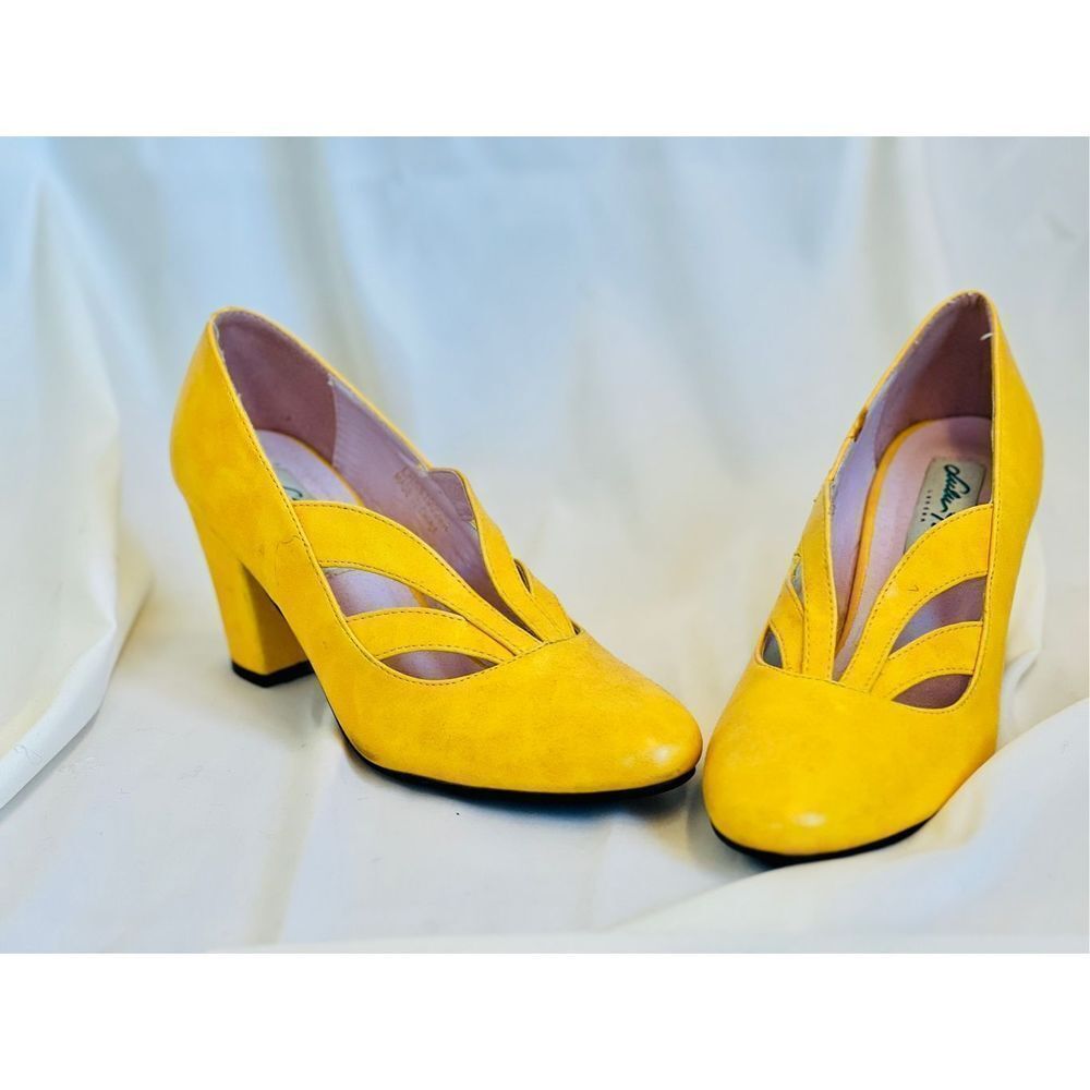 Lulu Hun Women's Faux Leather Cut Out Chunky Heels Layla Pumps Yellow Size 6.5